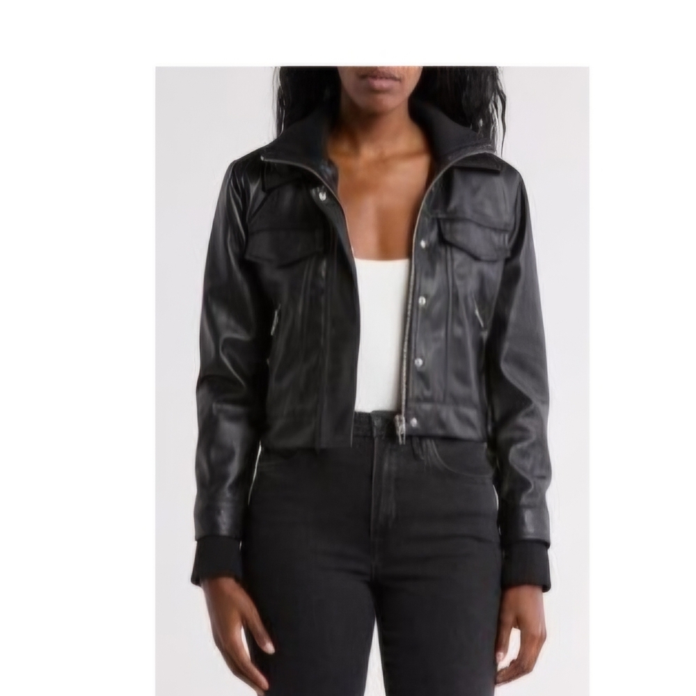 Blank NYC Black Leather Jacket with Zipper Details
